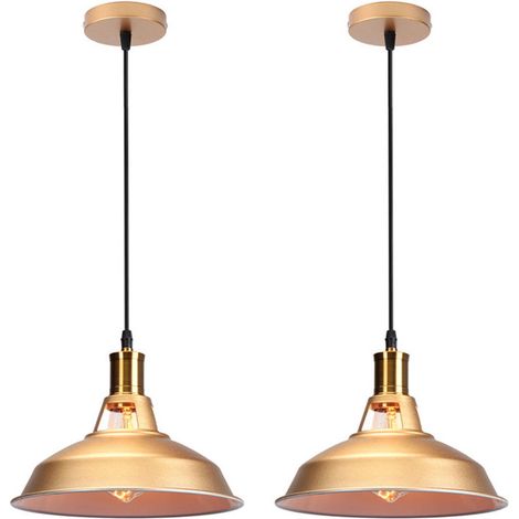 Lot de 2 Lustre Suspension Industrielle Vintage E27 LED Lampe Plafonniers Retro Abat-jour pour Cuisine Salle à manger Salon Chambre Restaurant, Doré (1/4)