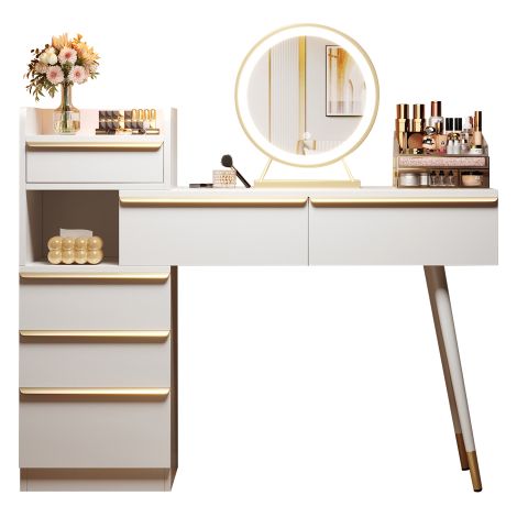 Coiffeuse extensible LED, 6 tiroirs, poignées dorées, blanche
