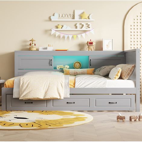 Letto daybed moderno 90x200 cm grigio, in truciolare e MDF, con letto estraibile, LED, vano contenitore, presa e USB (1/5)