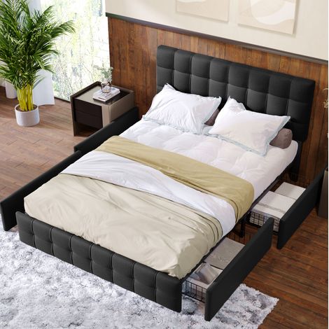 Cama tapizada 140/200 cm negra de lino con 4 cajones y cabecero regulable (1/5)