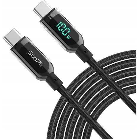 Cable USB C - USB Tipo C de 1,2 m y 100 W con indicador de potencia, color negro, de SooPii