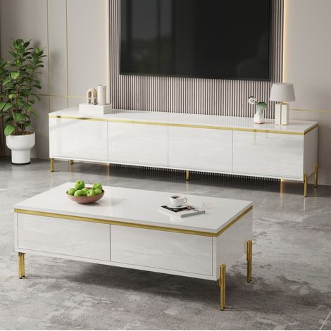 Conjunto de mueble TV y mesa de centro (170x38x50 cm y 100x50x36 cm), almacenaje inteligente, brillo alto, PB, blanco (1/5)