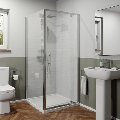900 x 900mm Pivot Shower Door Side Panel Enclosure 6mm Glass Framed Stone Tray (1/5)