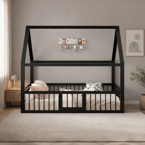 Cama cabaña infantil 140x200 cm de metal negro, ahorro de espacio, sin colchón FloraGrace (1/5)