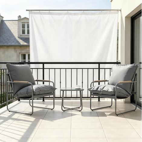 Salon de balcon 2 chaises + table 45/45/40,5 cm gris en métal avec plateau en verre (1/4)
