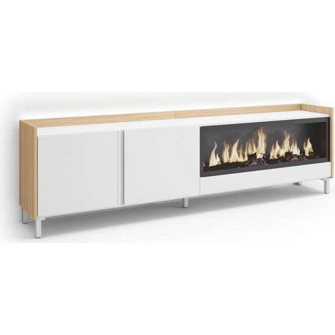Mueble TV Marbella-01 de 212x61x35 cm con chimenea y luces LED, diseño industrial, color blanco y roble soft (1/4)