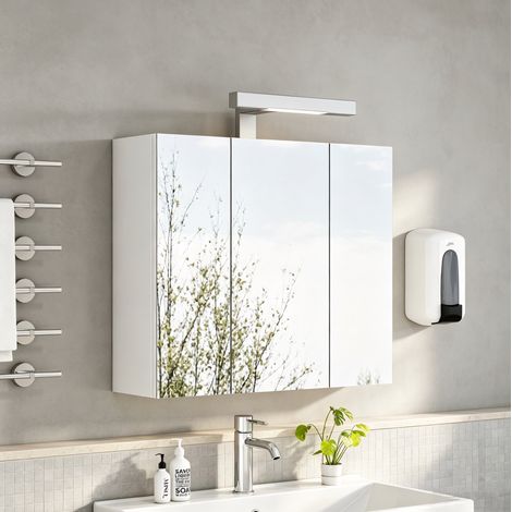 Meuble miroir mural salle de bain 60x16x70 cm MDF verre blanc, 3 portes, gain de place – MEUBLIV (1/5)