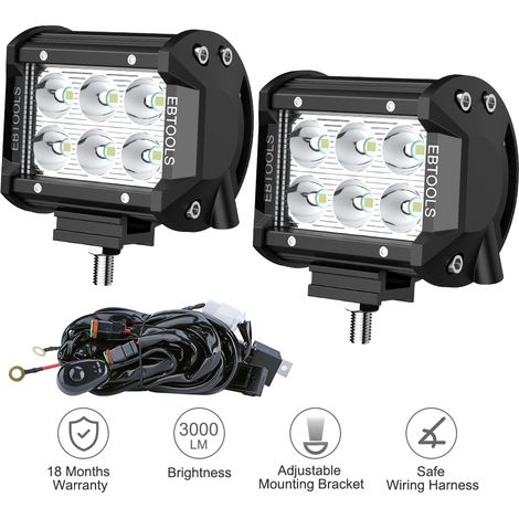 Barre lumineuse LED 4 pouces 18W, EBTOOLS 2 pièces projecteur tout-terrain avec faisceau de câblage 15A fusible 40A relais (1/5)