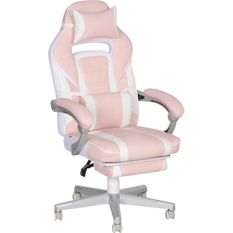 Fauteuil gaming en similicuir avec repose-pieds, dossier inclinable et coussins lombaire et tête, hauteur réglable, rose (1/5)