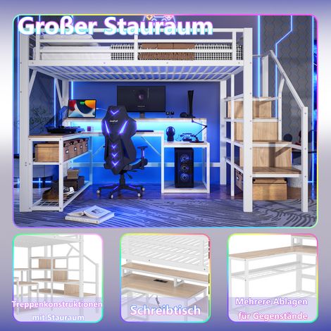 Lit surélevé 140x200, cadre métallique, rangement intégré, échelle avec tiroirs, garde-corps de protection, spot LED, bureau à port USB, sans matelas, blanc (1/5)