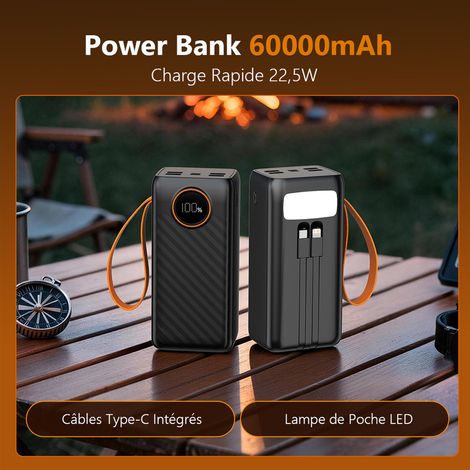 Batterie Externe 60000mAh HGANUS 22.5W PD Charge Rapide Power Bank Compacte USB-C avec Écran LED et Lampe pour Voyage Campin