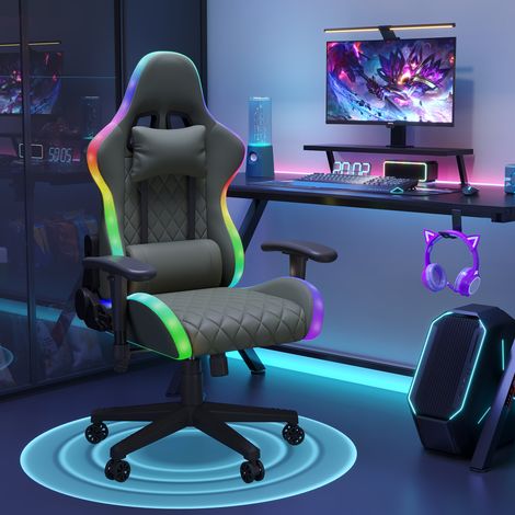 Chaise Gaming Fauteuil Gamer, Chaise de Bureau Ergonomique avec LED RGB, Massage Lombaire, Réglable Appui-tête Support Lombaire, Dossier Haut, Dossier Inclinable à 135°, Noir