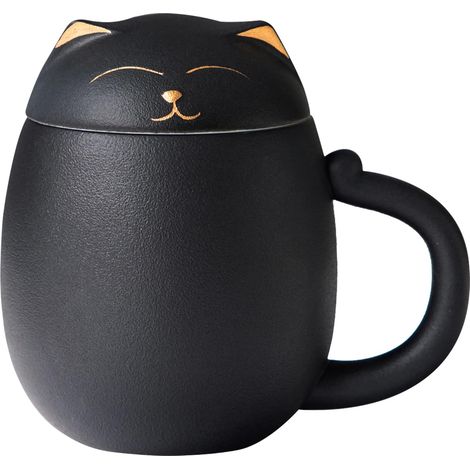 Tasse à thé chat avec infuseur et couvercle, tasse à thé en céramique avec filtre à infusion, coffret cadeau noir original pour les amoureux des chats - Cadeau idéal pour hommes et femmes (1/5)