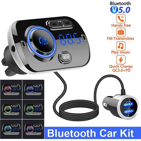 Kit mains libres Bluetooth pour voiture avec transmetteur FM, lecteur MP3 et haut-parleur, adaptateur allume-cigare et prise de chargement USB. (1/4)