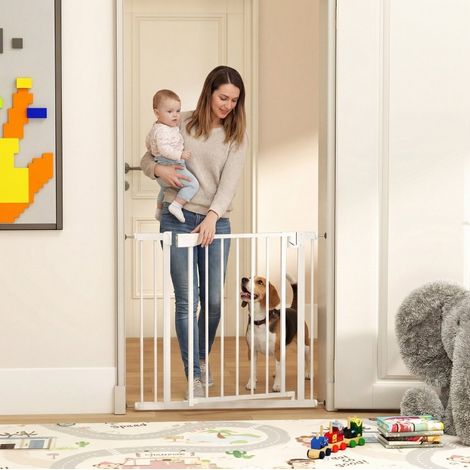 Barrera de seguridad para bebé y animales, 76-89 cm, acero blanco, cierre automático y sin taladrar (1/5)