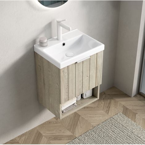 Mueble de lavabo mural 42x32x53 cm de madera blanca y cerámica FloraGrace (1/5)