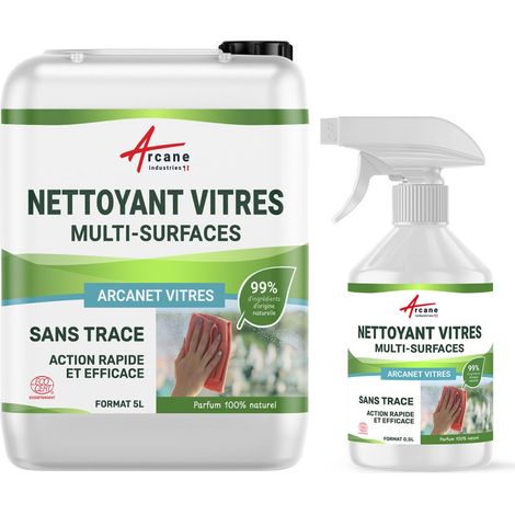 Nettoyant Vitres Naturel 99% Origine Naturelle - Certifié Ecocert - Sans Traces - ARCANET - 5 L + recharge 500 ml vide  - ARCANE INDUSTRIES