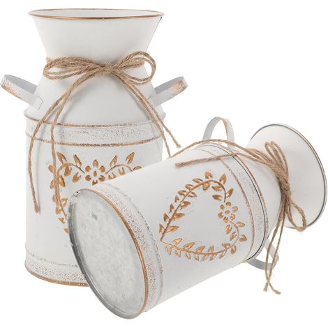 Lot de 2 Vases à Fleurs en Métal Forme Cœur Pot de Lait Décoratif Blanc Finition Feuille Dorée Vase Rustique Vintage pour Décoration Intérieur et Jardin Multifonctionnel (1/5)