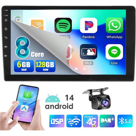 Autoradio 9 pouces QLED double DIN Android 14 avec CarPlay, navigation GPS, Bluetooth, Wi-Fi - 6+128G CAM (1/5)