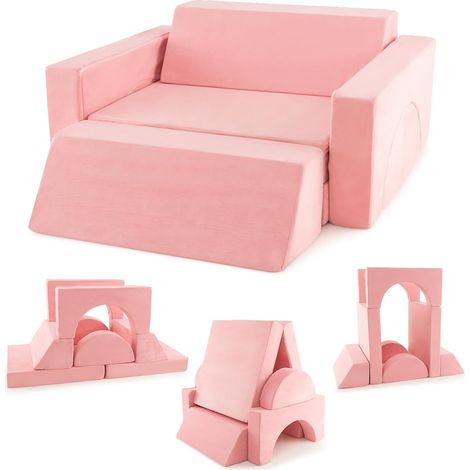 GOPLUS Canapé Enfants, Canapé de Jeu Modulaire 8 PCS avec Housse Amovible pour Intérieur Salle de Jeux, Canapé Imaginatif pour Jouer Dormir, Fauteuil Convertible pour 12 Mois+, Charge 30KG, Rose (1/5)
