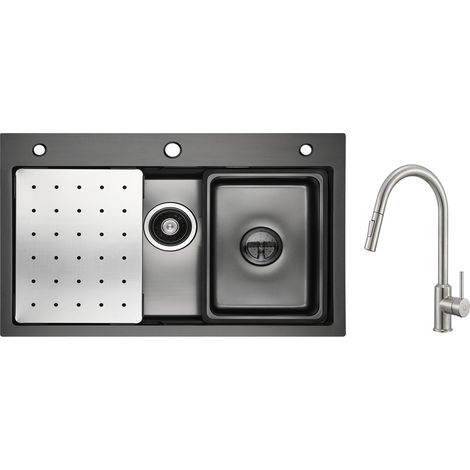 1 Vasca Lavello Antracite 70×45 cm con Gocciolatoio, Vaschetta e Dosatore Sapone + Miscelatore con Doccia Estraibile 2 Modalità Uscita Acqua (1/5)