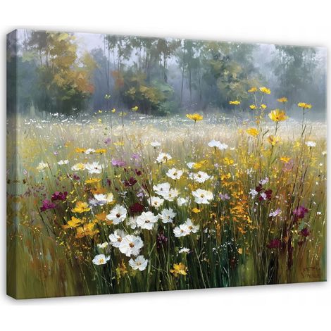 Tableau sur toile représentant une prairie de fleurs sauvages – Paysage naturel – 100 x 70 cm