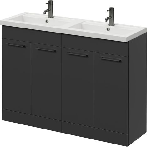 Napoli 390 Gloss Grey 1200mm 4 Door Vanity Unit with Double Lucia Basins - 1200mm - Gunmetal Grey 160mm Handle