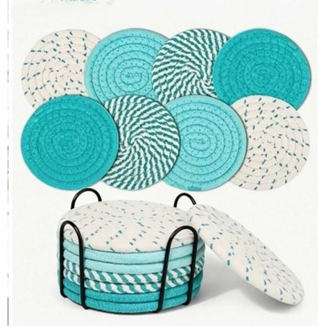 Juego de 8 posavasos absorbentes con base, de algodón, que miden 11 x 11 x 7,3 cm, en color verde. (1/5)