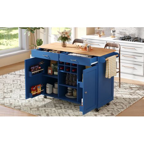 Îlot de cuisine moderne (102 × 45 × 92 cm), meuble de cuisine, buffet, desserte, étagère de salle à manger en bois, buffet, table multifonctionnelle avec rangements, bleu (1/5)