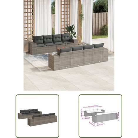 The Living Store 9-tlg. Garten-Sofagarnitur mit Kissen Grau Poly Rattan - Gartenmöbel Set - PE-Rattan Möbel - Outdoor Lounge - Esstisch - Gartenstuhl (1/3)