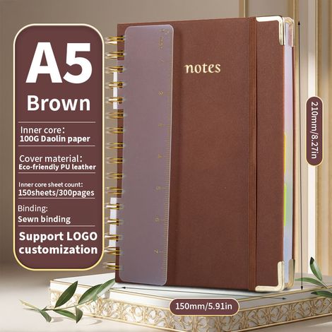 Carnet à spirale A5 avec dragonne, agenda en PU, carnet de budget avec règle, agenda minimaliste professionnel, marron.