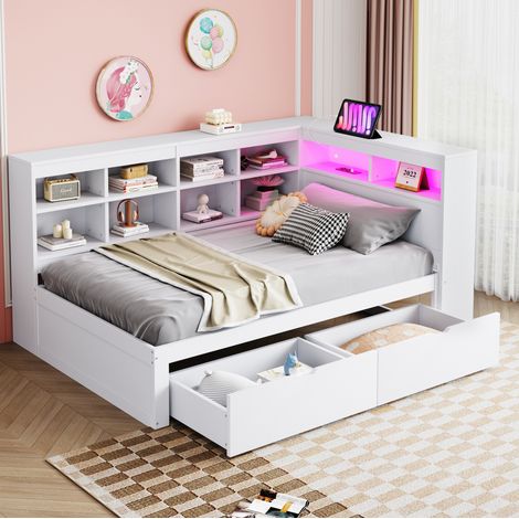Schlafsofa Holz Weiß 90x200 cm mit Stauraum, USB-Steckdose, LED-Beleuchtung und Lattenrost (1/5)