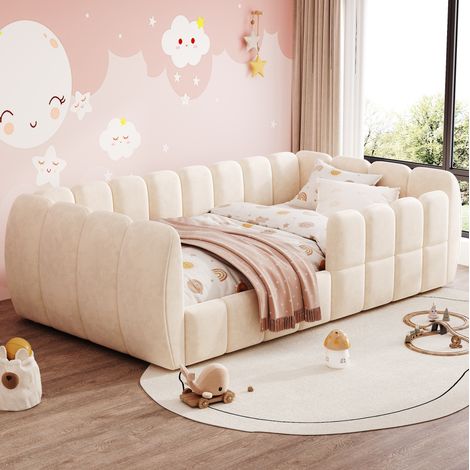 Cama infantil a ras de suelo de 90x200 cm, tapizada, de diseño cerrado con esquinas redondeadas, para dormitorio, terciopelo - beige (1/5)