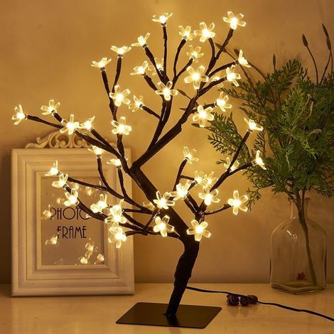Cerisier lumineux 45 cm - 48 lumières blanches chaudes - Adaptateur à brancher - Bonsaï - Pour la maison, la chambre à coucher, un mariage, le bureau, une table - Veilleuse d'intérieur - Plantes artif (1/5)