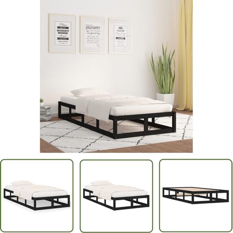 The Living Store Cadre de lit sans matelas noir 75x190 cm bois massif - Cadre De Lit - Lit Simple - Lit En Bois - Lit Design - Meuble Chambre (1/5)