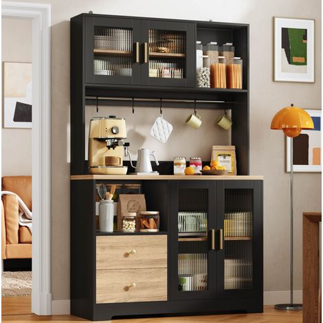 Buffet de cuisine haut 110x40x178 cm avec LED RGB, prises USB, vitrine en verre trempé, MDF noir (1/5)