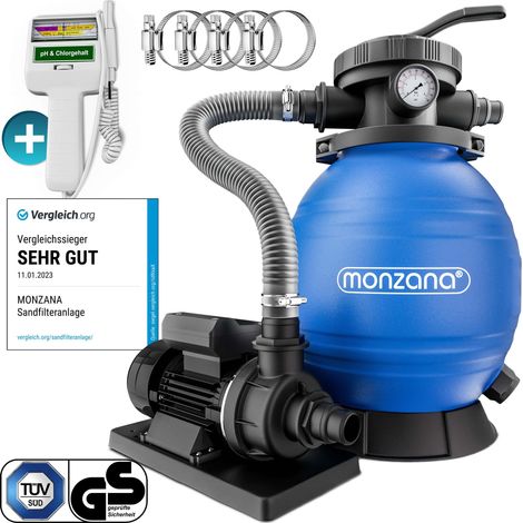 Monzana – Pompe filtre à sable pour piscine 10.200 l/h – Vanne 7 voies – Testeur chlore et pH inclus – Puissance 400W – Capacité 20 kg sable