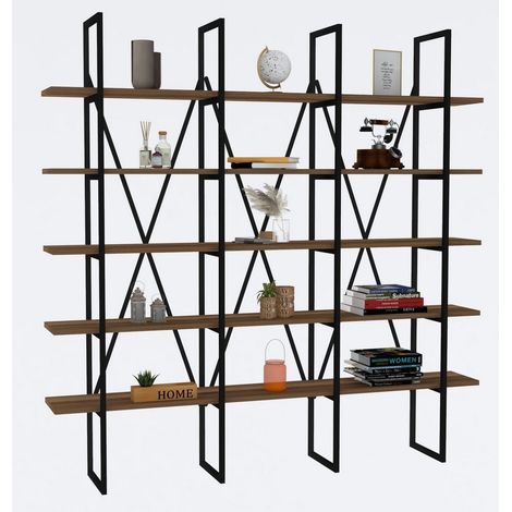 Étagère bibliothèque bois noyer et métal noir Bekerla 120cm (1/4)