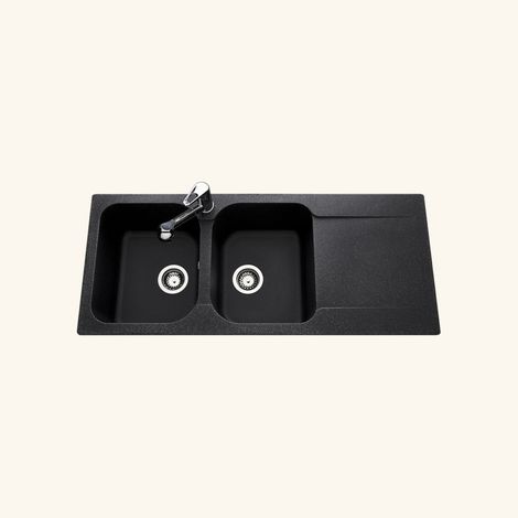 Évier résine noir moucheté 116x50 cm – 2 bacs réversibles – Évier à encastrer avec vidage manuel – Bonde et siphon inclus – EWI (1/6)