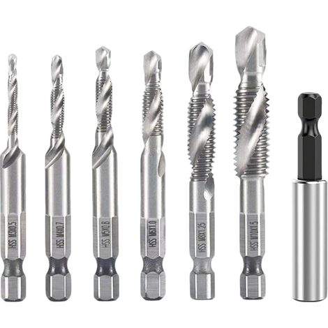 Forets et Tarauds Combinés, 7 Pièces Foret Taraudeur, Foret Taraud Filetage Métrique, Foret Taraudeur HSS, Kit Taraudage, pour Perçage et Taraudage Simultané, Outils Multifonction (Argent) (1/5)