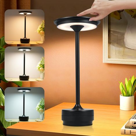Wiederaufladbare USB-Touch-Nachttischlampe, 3-farbige Beleuchtung, 1200-mAh-Akku, schwarz, integriertes kabelloses Laden (1/5)
