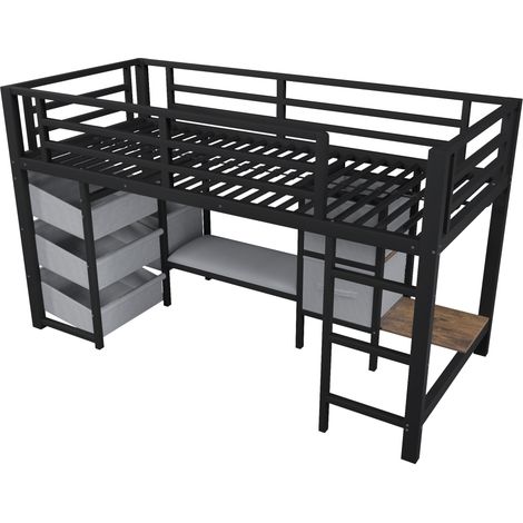 Cama alta 90 x 200 cm de metal negro con LED y almacenaje (1/5)