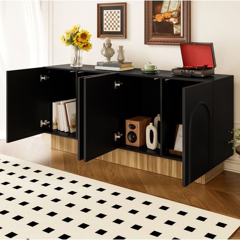 FLORAGRACE Buffet de rangement moderne 4 portes, grand espace de stockage, façade mate à relief U, meuble bas noir et bois pour salon et salle à manger, 160 cm (1/5)