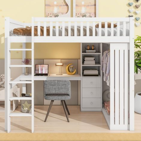 Lit mezzanine 140x200 cm avec bureau, armoire et rangements, lit enfant en pin et MDF blanc avec escalier sécurisé, garde-corps, sans matelas (1/5)