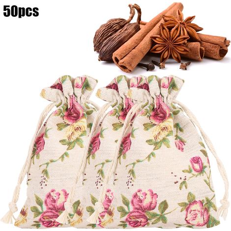 50 Sachets en Toile de Jute à Cordon avec Motif Botanique pour Emballage Cadeaux, Mariage et Événements (1/5)