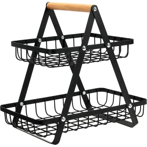 Corbeille à fruits de comptoir à deux niveaux avec étagère de rangement, noire (1/5)