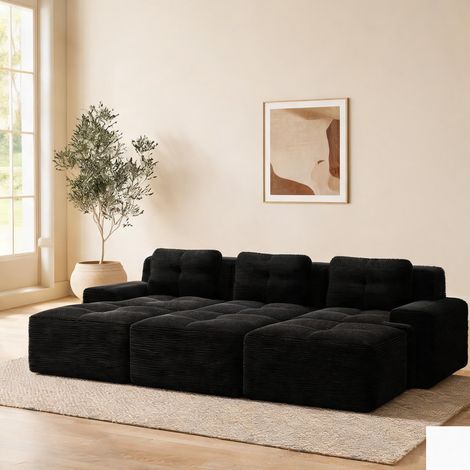 Sofa d'angle modulable en velours côtelé noir avec trois poufs (1/5)