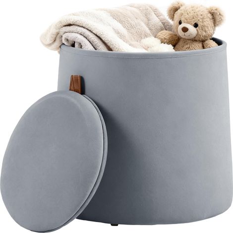 Pouf coffre rangement, pouf repose-pieds en tissu velours givré, couvercle réversible, Ø 44 x 47,5 cm, gris (1/5)