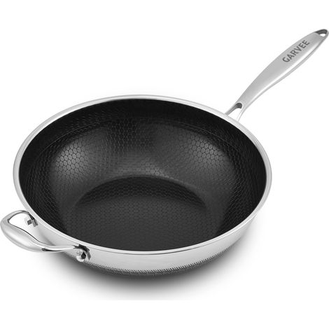 Wok hybride en acier inoxydable 33 cm – Anti‑adhésif, compatible induction, sans PFOA, lavable au lave‑vaisselle et four – Ustensile de cuisson professionnel pour sautés – Sans couvercle