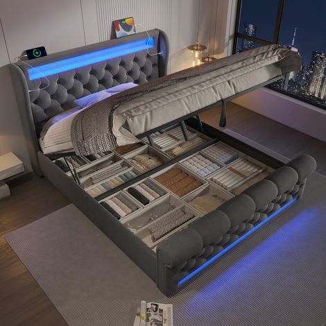 Polsterbett 160x200 grau mit Stauraum und LED-Beleuchtung - Modernes Doppelbett aus Samt mit USB-Anschluss und hydraulischem Bettkasten (1/5)